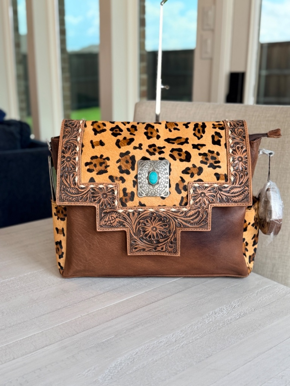 American Darling Western Messenger Bag Hand Tooled Floral Leather & Hair-On Hide